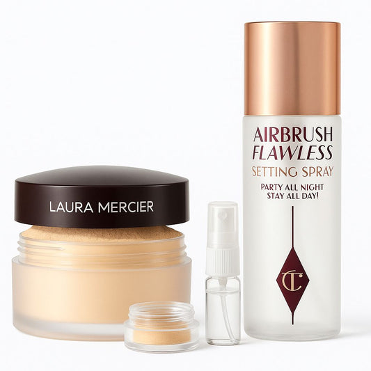 Laura Mercier powder and Charlotte Tilbury Setting Spray sample (depotted)