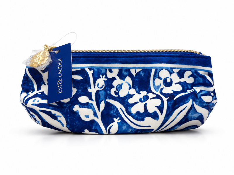 Estée Lauder blue and white floral patterned cosmetic bag