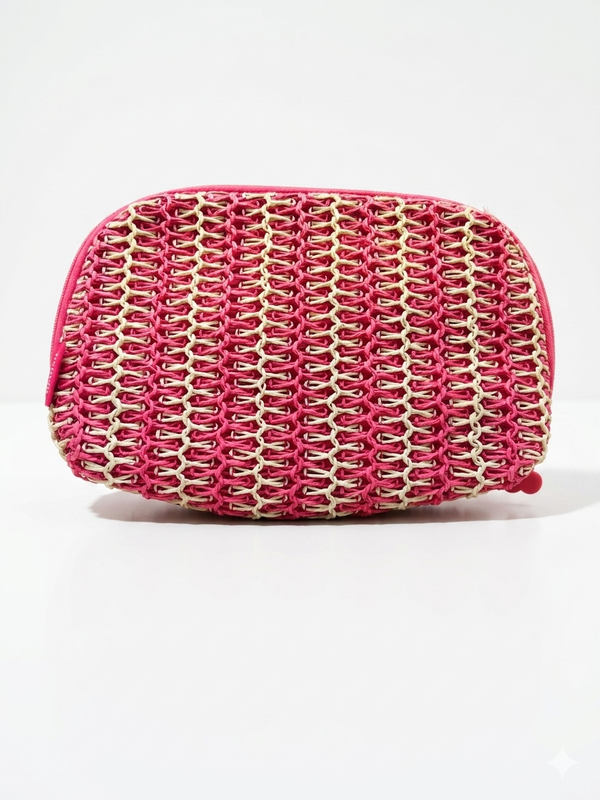 Benefit Pink And White Woven Cosmetic Bag