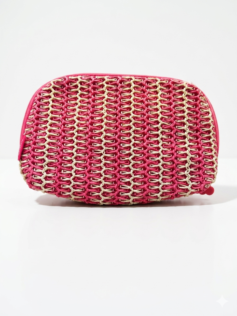 Benefit Pink And White Woven Cosmetic Bag